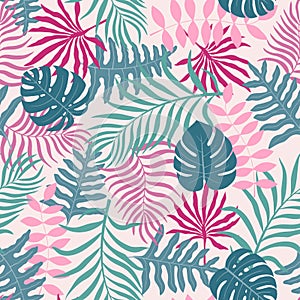 Tropical background with colorful palm leaves.