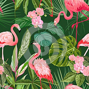 Tropical Background with Flamingo, Palm Leaves and Orchid Flowers. Seamless Floral Print with Exotic Blossoms