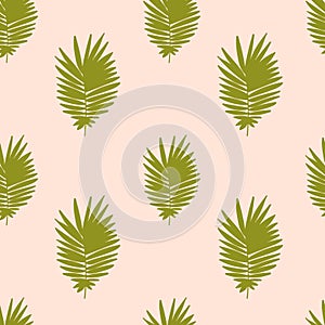 Tropical background with green hand drawn palm leaves on pastel pink.