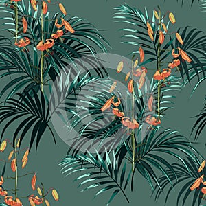 Seamless vector tropical pattern with dark green palm leaves and tropical orange lilies flowers on green background.