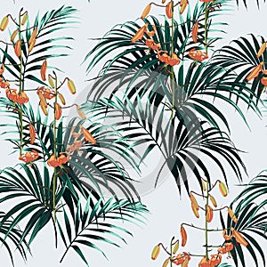 Seamless vector tropical pattern with dark green palm leaves and tropical orange lilies flowers on light background.