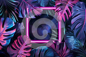 Tropical background with monstera, palms leaves and neon rectangular frame, 3d style