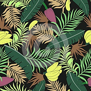 Tropical background with palm leaves and bananas. Seamless floral pattern. Summer vector illustration. Flat jungle print