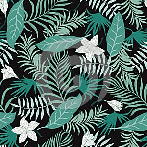 Tropical background with palm leaves and flowers. Seamless floral pattern. Summer vector illustration.