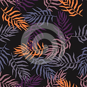 Tropical background with palm leaves and flowers. Seamless floral pattern. Summer vector illustration. Flat jungle print