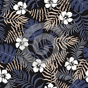 Tropical background with palm leaves and hibiscus flowers. Seamless floral pattern. Summer vector illustration. Flat jungle print