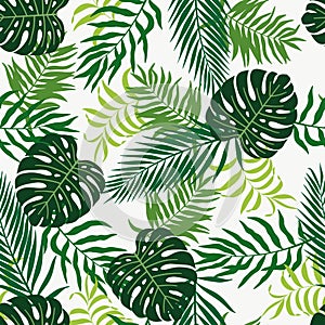 Tropical background with palm leaves. Seamless floral pattern. Summer vector illustration. Flat jungle print