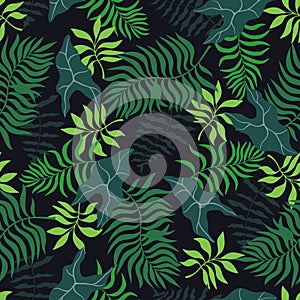 Tropical background with palm leaves. Seamless floral pattern. Summer vector illustration. Flat jungle print