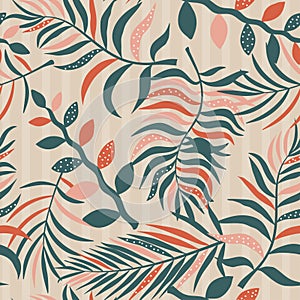 Tropical background with palm leaves. Seamless floral pattern. Summer vector illustration. Flat jungle print