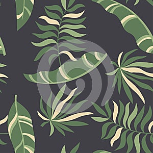 Tropical background with palm leaves. Seamless floral pattern. Summer vector illustration. Flat jungle print