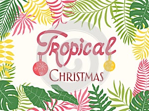 Tropical background with palm leaves. Written phrase - Tropical Christmas