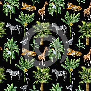 Tropical background with palm trees and animals, zebra, tiger, elephant and lemur. Seamless patterns.