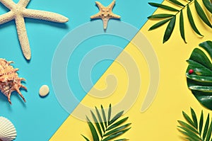 Tropical Background. Palm Trees Branches with starfish and seashell on yellow and blue background. Travel. Copy space.