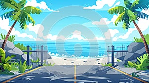A tropical tropical background with palm trees and an empty asphalt road with a fence, an ocean coast landscape with photo