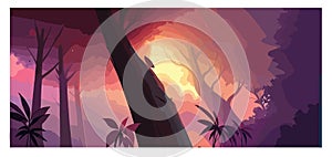 Tropical background with palm trees and sun.Deep red jungle.sunset or sunrise.Sky.green landscape