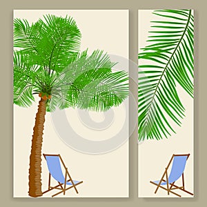 Tropical background. Set of vertical cards with palm tree and beach chair