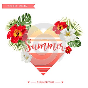 Tropical Background. Summer Design. Girl T-shirt Fashion vector Graphic