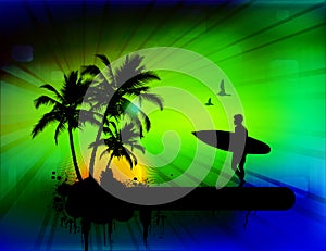 Tropical background with surfer