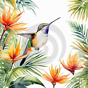 Tropical background wallpaper of golden palm leaves with white hummingbird watercolor painting