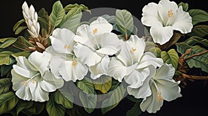 Tropical background with white flowers and large green leaves. Hibiscus white buds against green leaves