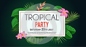 Tropical banner design template. Dark green theme with white frame. Palm, monstera leaves, tropical exotic flowers. Best for invit