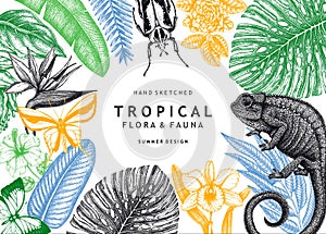 Tropical banner design. Vector frame with hand drawn tropical plants, exotic flowers, palm leaves, insects and chameleon. Vintage