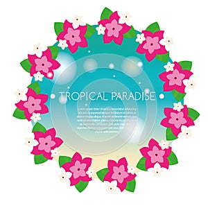 Tropical banner with exotic orchid flowers round wreath. Vector illustration. Design template for summer party invitation, spa sal