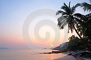 A tropical bay with a calm sea and palm trees glowing red in the setting sun, Goa, India
