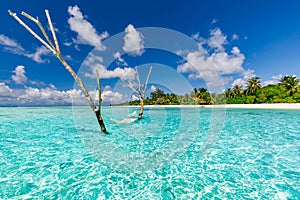 Tropical beach background as summer landscape with beach swing or hammock and white sand and calm sea for beach banner