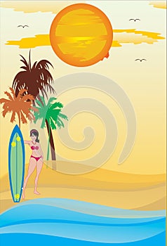 Tropical beach background with Palms trees,woman with surfboard.Cartoon vector illustration. Summer vacation party on sea coast.