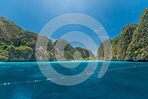 Tropical beach background. Panoramic views of Maya Bay.