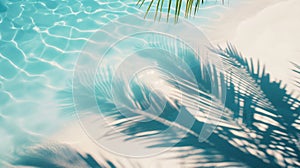 Tropical beach background with sea waves, white sand, palm tree shadows, concept banner for summer vacation