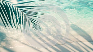 Tropical beach background with sea waves, white sand, palm tree shadows, concept banner for summer vacation