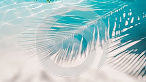 Tropical beach background with sea waves, white sand, palm tree shadows, concept banner for summer vacation