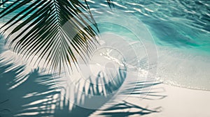 Tropical beach background with sea waves, white sand, palm tree shadows, concept banner for summer vacation