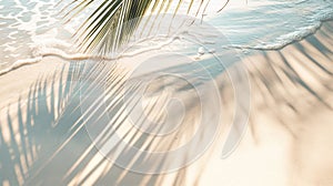 Tropical beach background with sea waves, white sand, palm tree shadows, concept banner for summer vacation