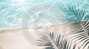 Tropical beach background with sea waves, white sand, palm tree shadows, concept banner for summer vacation