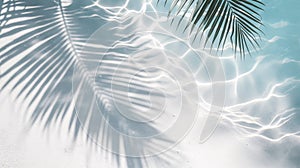 Tropical beach background with sea waves, white sand, palm tree shadows, concept banner for summer vacation