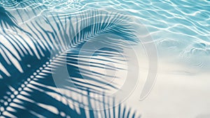 Tropical beach background with sea waves, white sand, palm tree shadows, concept banner for summer vacation