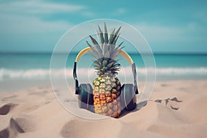 Tropical beach background. Summe vacation concept, Pineapple with headphones on the white sand and sea in the back