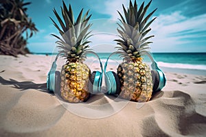 Tropical beach background. Summe vacation concept, Pineapple with headphones on the white sand and sea in the back