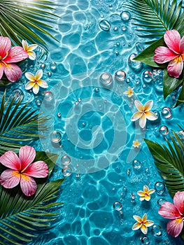 Tropical beach background with water and flowers.Generative AI