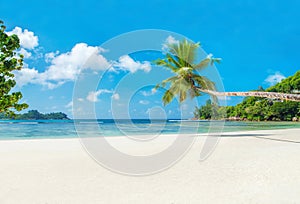 Tropical beach Baie Lazare with boat, Mahe island, Seychelles