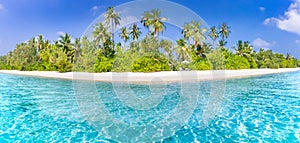 Tropical beach banner and summer landscape background. Vacation and holiday with palm trees and tropical island beach