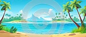 Tropical beach banner and summer landscape background. Vacation and holiday with palm trees tropical island beach Generative AI