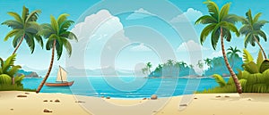 Tropical beach banner and summer landscape background. Vacation and holiday with palm trees tropical island beach Generative AI