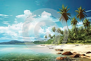 Tropical beach banner and summer landscape background. Vacation and holiday with palm trees tropical island beach Generative AI