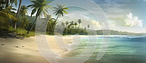 Tropical beach banner and summer landscape background. Vacation and holiday with palm trees tropical island beach Generative AI