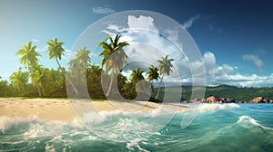 Tropical beach banner and summer landscape background. Vacation and holiday with palm trees tropical island beach Generative AI