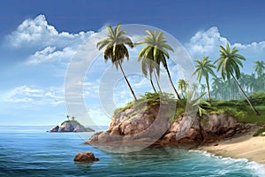 Tropical beach banner and summer landscape background. Vacation and holiday with palm trees tropical island beach Generative AI